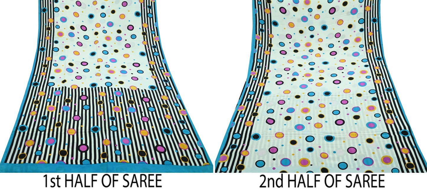 Indian Vintage White & Blue Saree Pure Crepe Silk Printed Sari 5yad Sewing Floral Soft Craft Fabric Wrap Dress making Crafting Quilting