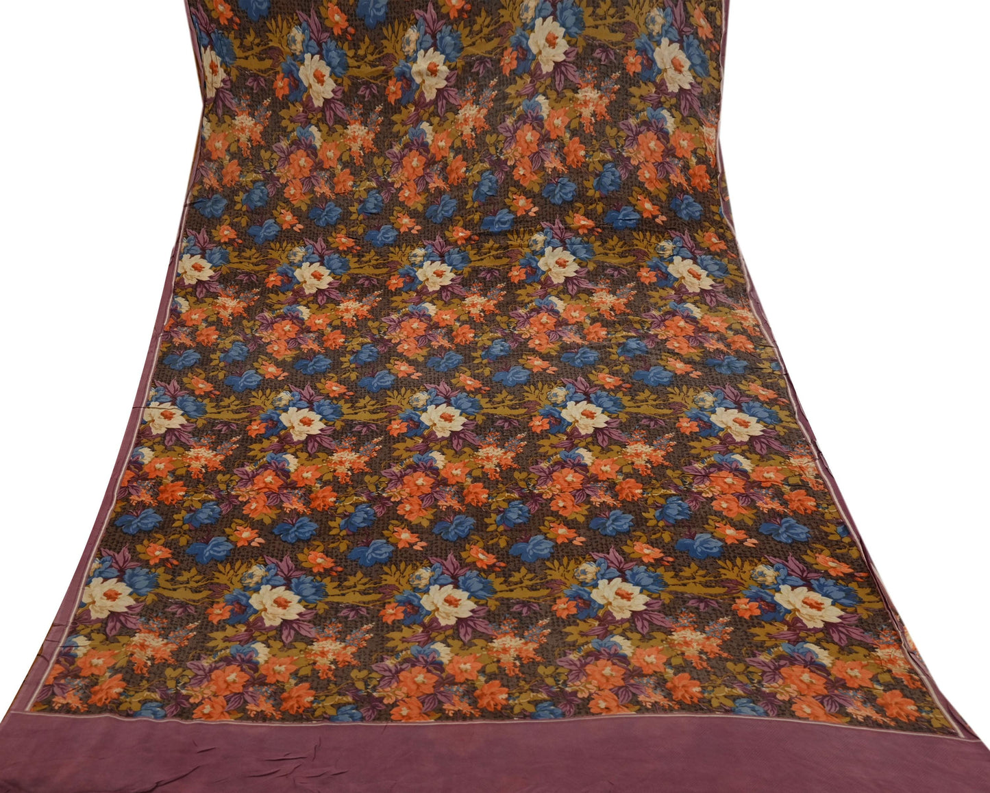 Indian Women Vintage Sari Brown 100% Pure Georgette Silk Printed Saree Sewing 5yd Soft Craft Fabric Floral Design Wrap Boho Dress making