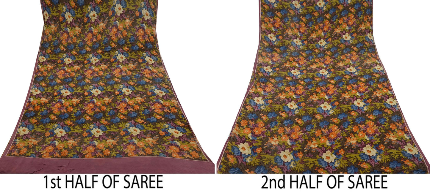 Indian Women Vintage Sari Brown 100% Pure Georgette Silk Printed Saree Sewing 5yd Soft Craft Fabric Floral Design Wrap Boho Dress making