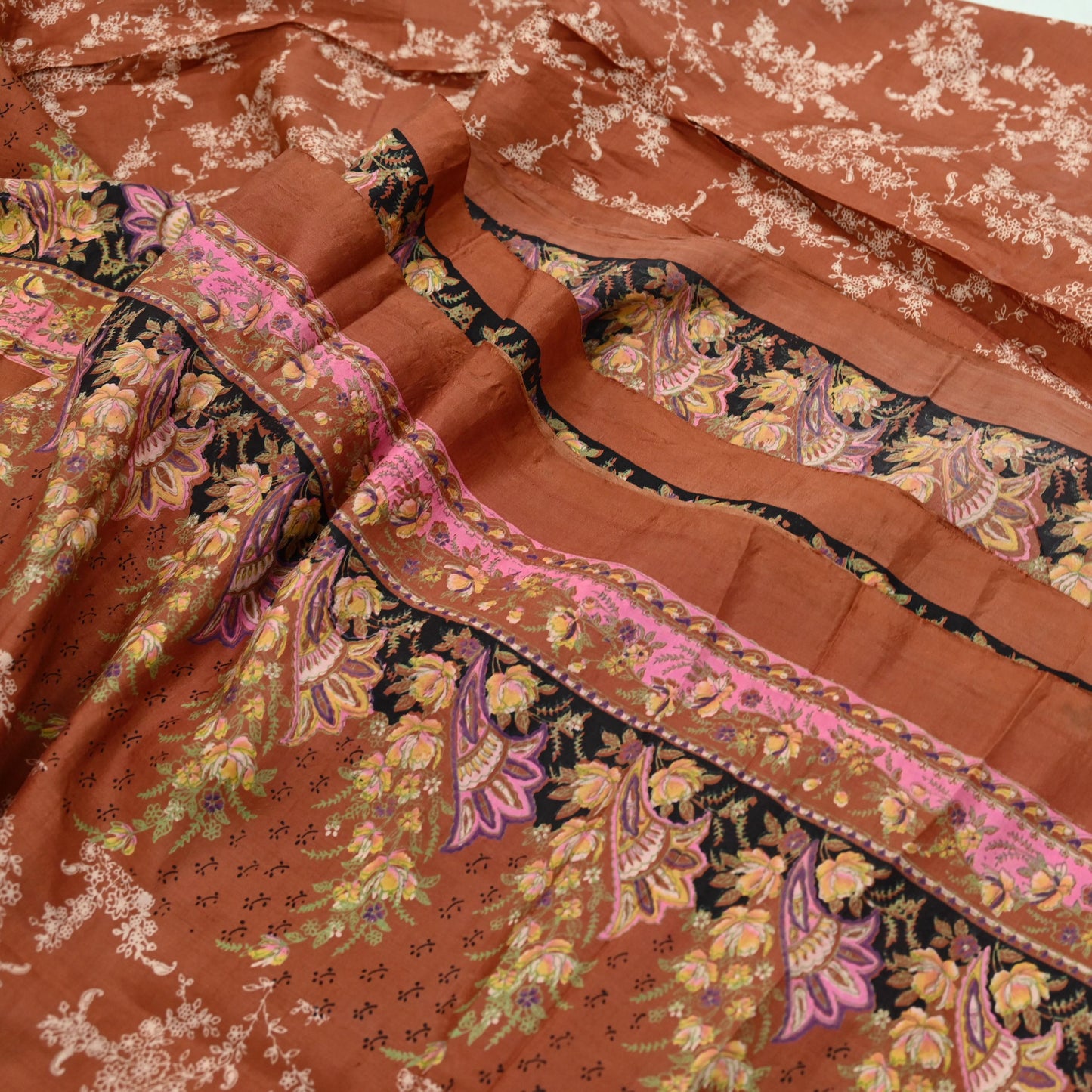 Indian Vintage Sari Orange 100% Pure Silk Printed Saree Craft Fabric 5yd Sewing Dress Making Soft Wrap Floral Quilting Crafting Upcycle