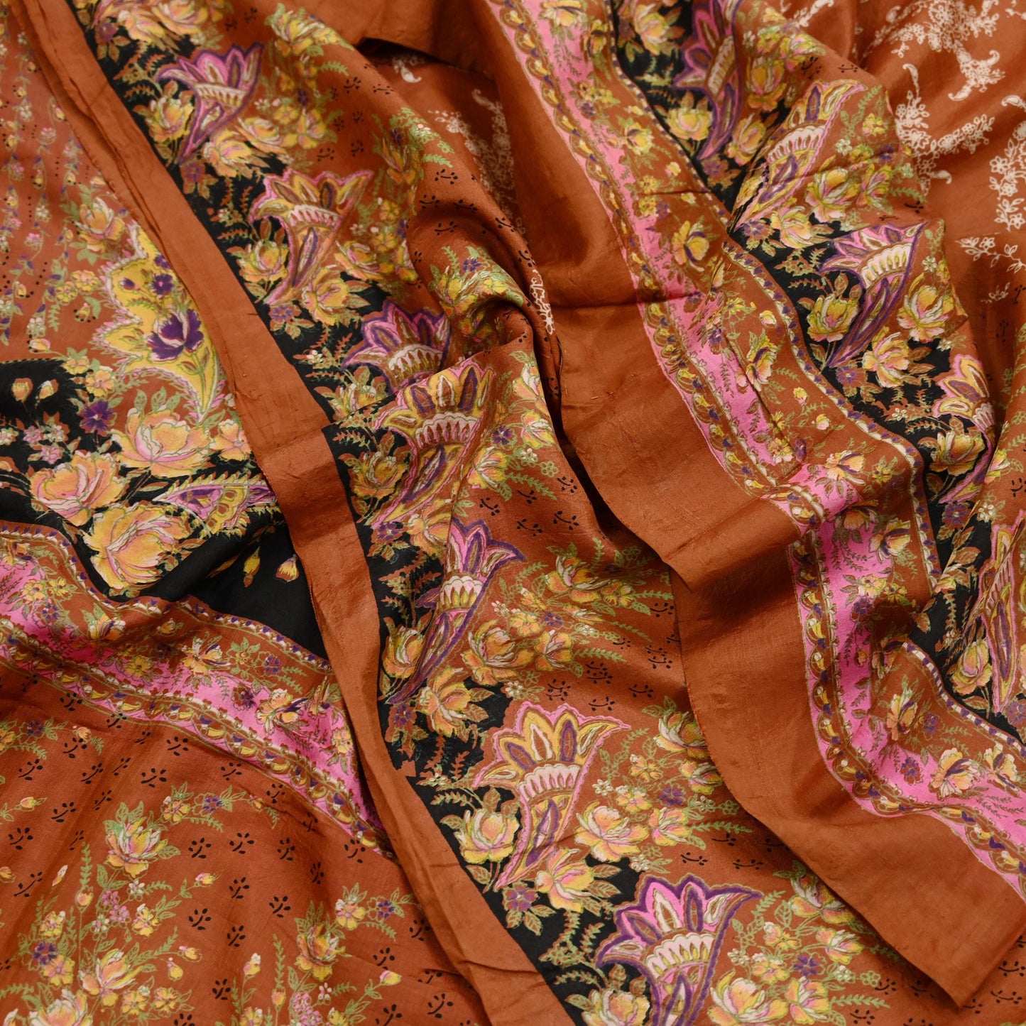 Indian Vintage Sari Orange 100% Pure Silk Printed Saree Craft Fabric 5yd Sewing Dress Making Soft Wrap Floral Quilting Crafting Upcycle