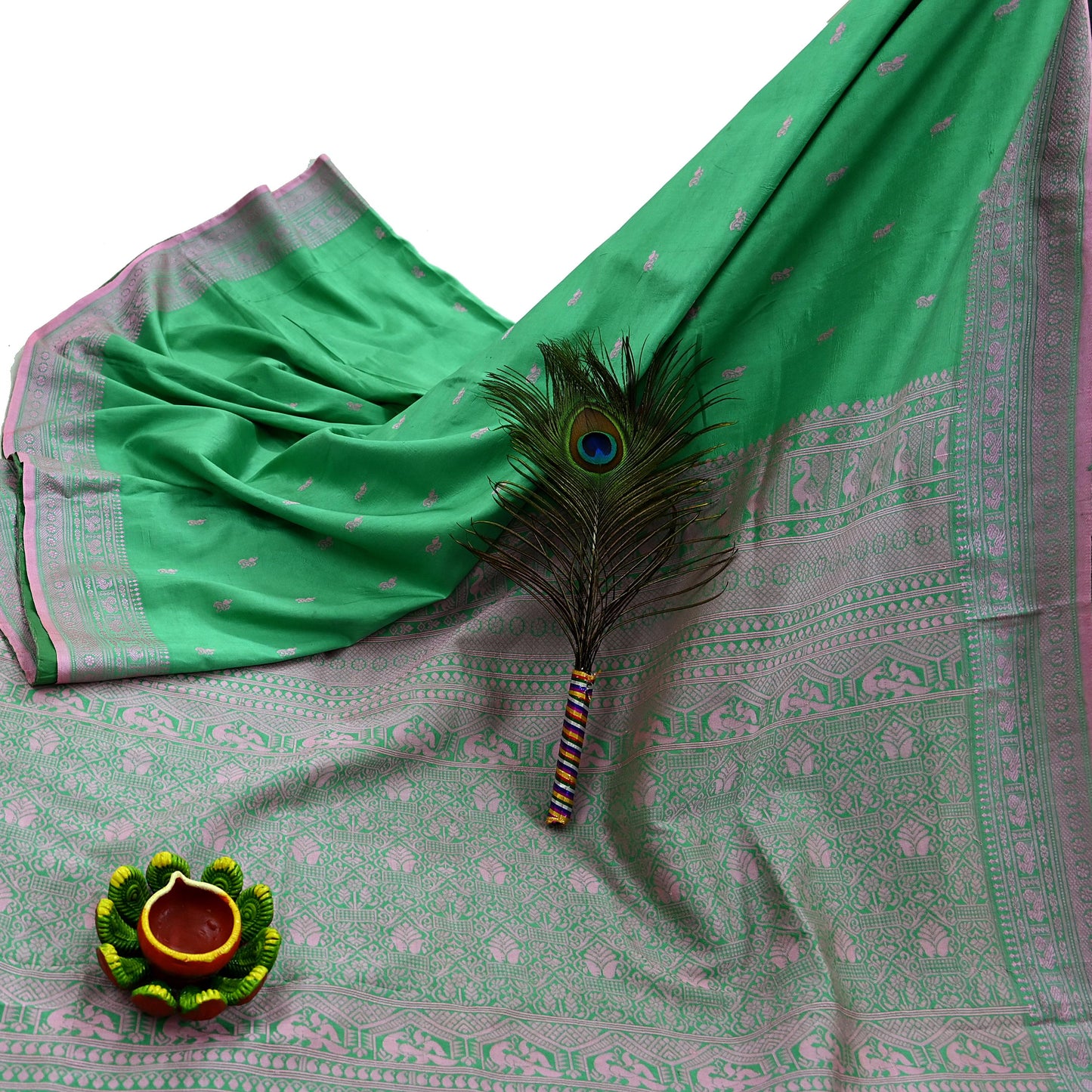 Indian Vintage Sari Green 100% Pure Silk Hand Woven Sarees Craft Fabric 5Yd Ethnic Sewing Dress making Crafting Quilting Upcycle