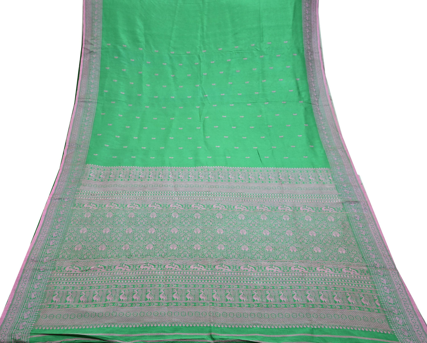 Indian Vintage Sari Green 100% Pure Silk Hand Woven Sarees Craft Fabric 5Yd Ethnic Sewing Dress making Crafting Quilting Upcycle
