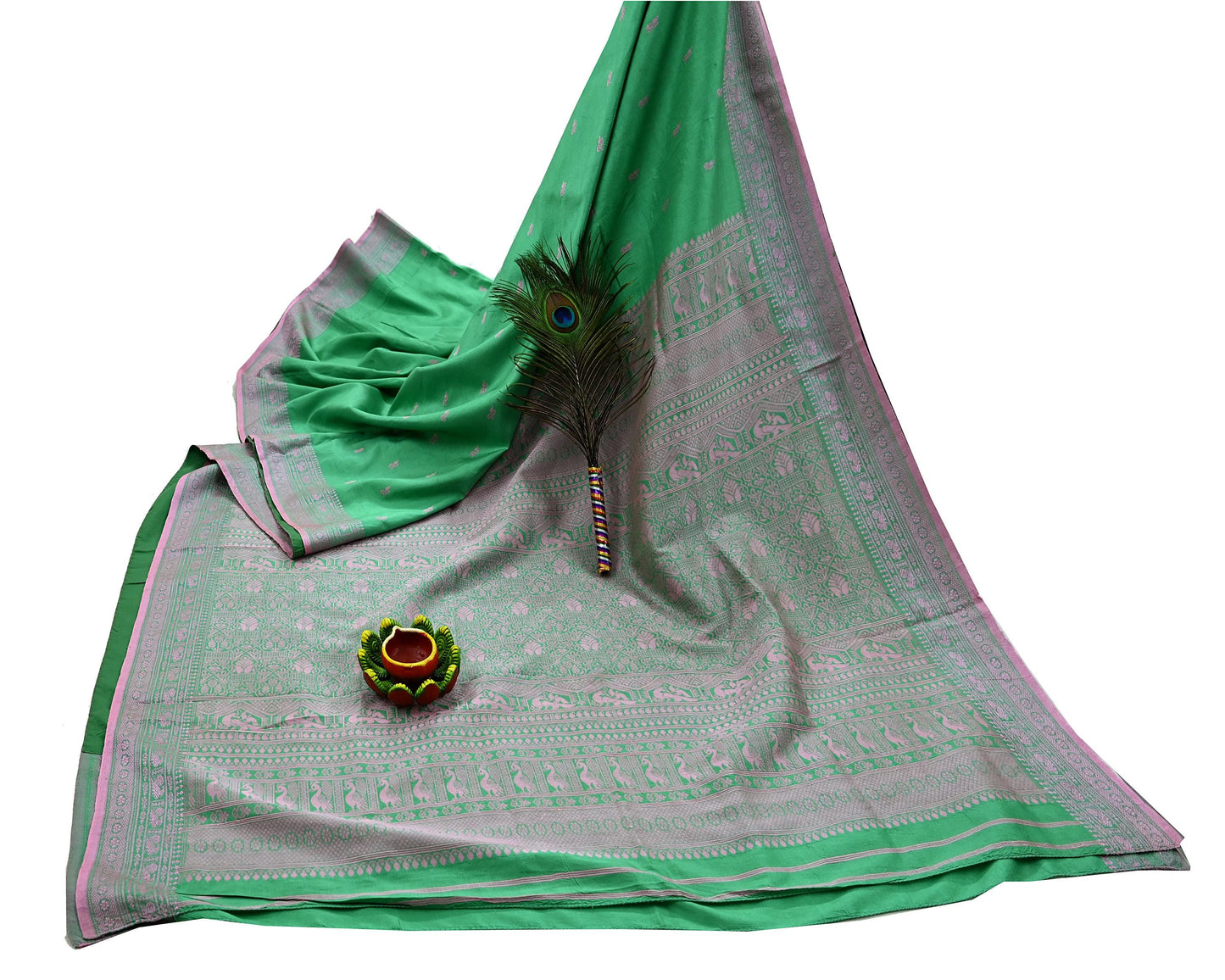 Indian Vintage Sari Green 100% Pure Silk Hand Woven Sarees Craft Fabric 5Yd Ethnic Sewing Dress making Crafting Quilting Upcycle