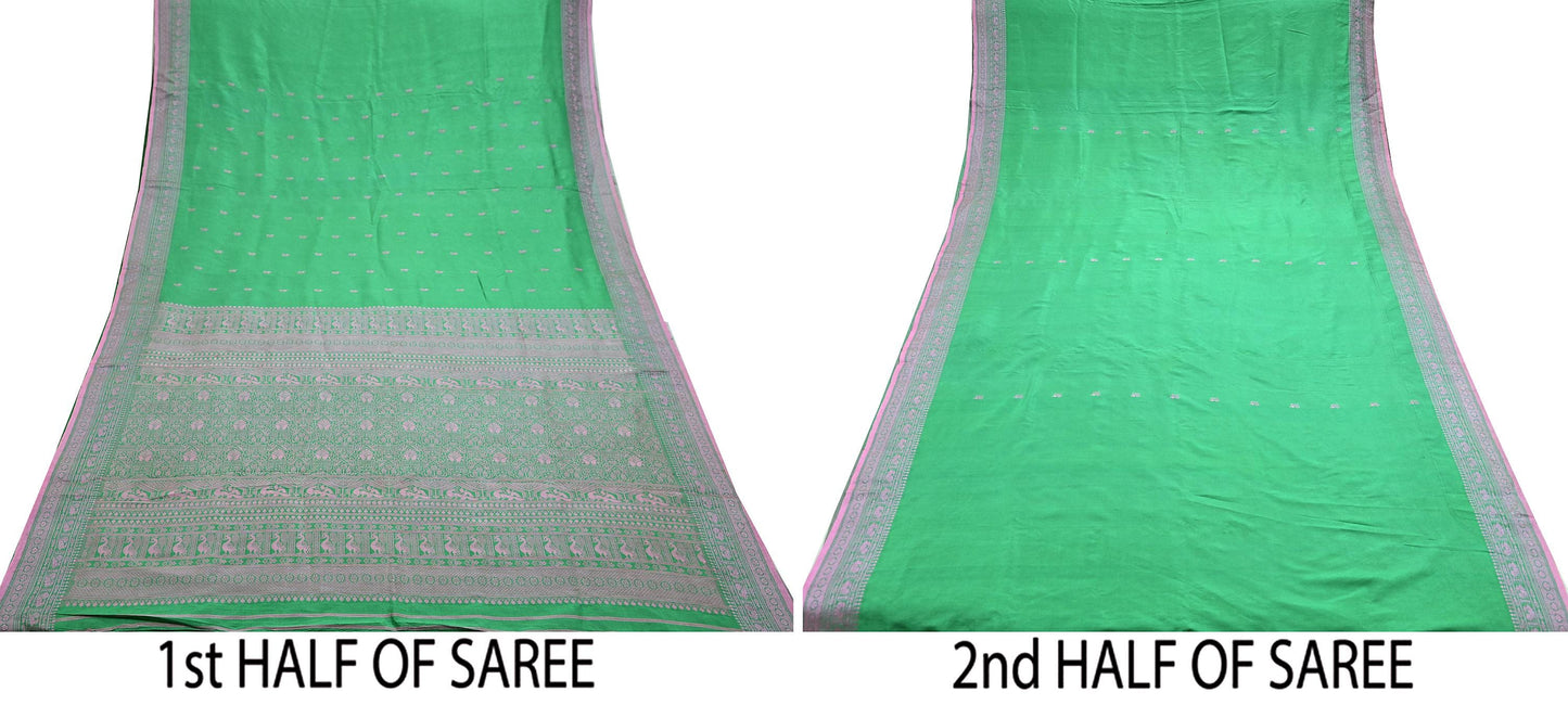 Indian Vintage Sari Green 100% Pure Silk Hand Woven Sarees Craft Fabric 5Yd Ethnic Sewing Dress making Crafting Quilting Upcycle