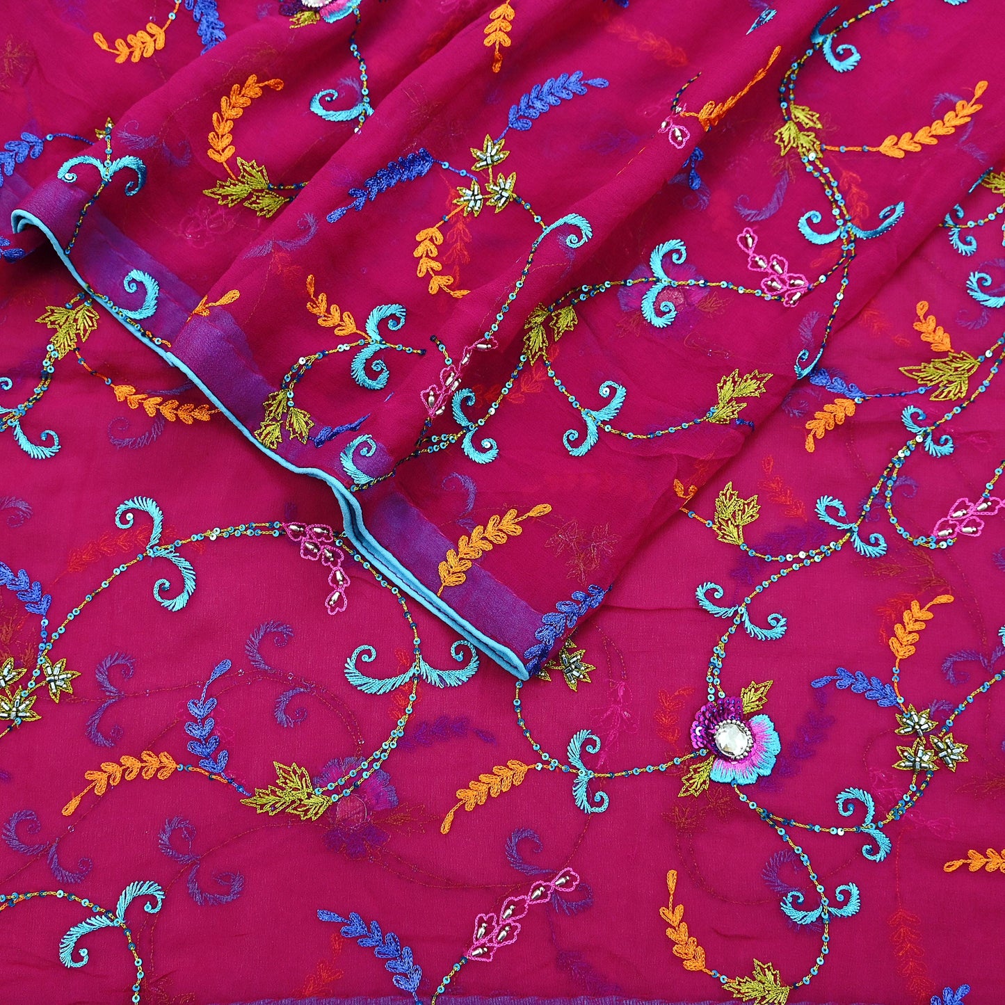 Indian Vintage Magenta Dupatta Pure Georgette silk Long Stole Hand Embroidered Scarves Stole Veil Wrap Sequins