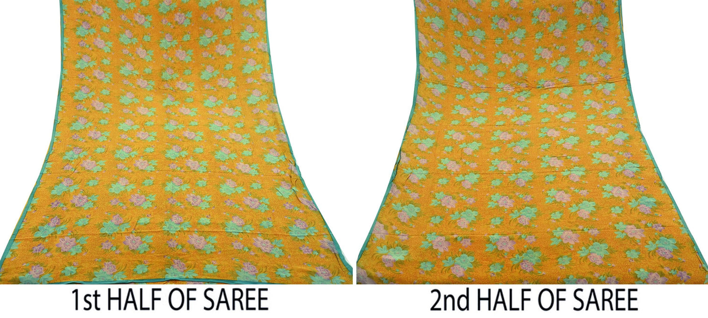 Indian Vintage Sari Mustard Pure Crepe Silk Printed Saree 5yd Sewing Floral Soft Craft Fabric Wrap Dress making Crafting Quilting Designing