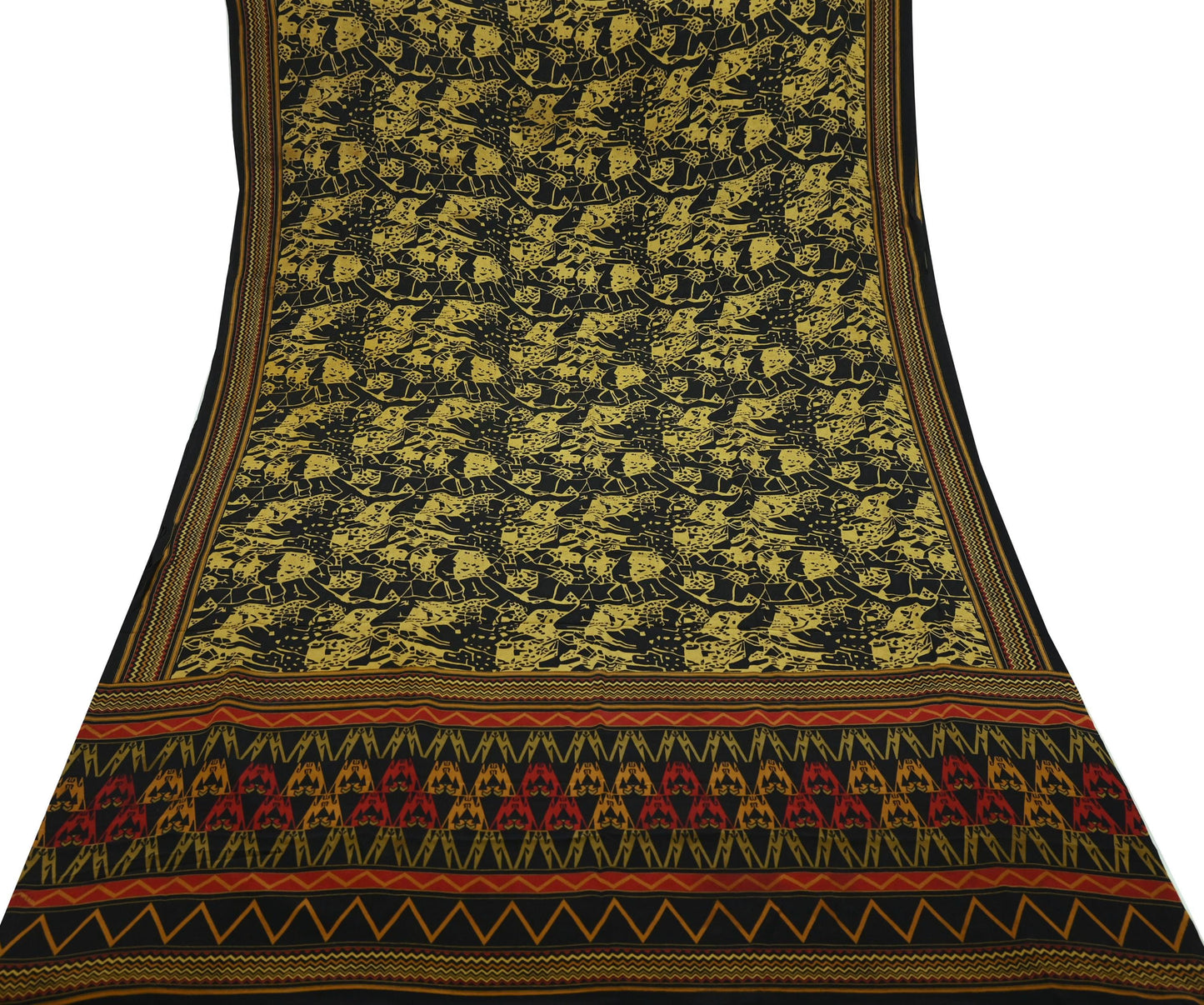 Indian Vintage Sari Mustard & Black Pure Crepe Silk Printed Sarees 5yd Sewing Soft Craft Fabric Floral Wrap Quilting Dress Making Crafting