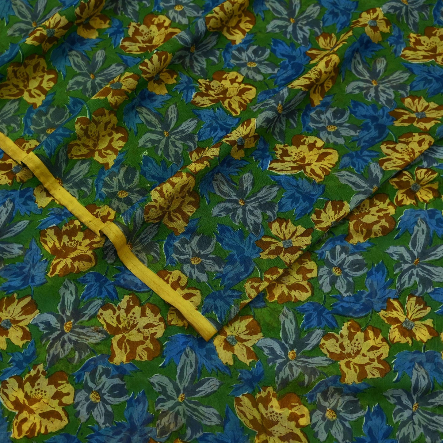Indian Vintage Sari Green Pure Chiffon Silk Printed Sarees 5Yd Craft Fabric Sewing Soft Light Sari Dress Making Floral Quilting Crafting