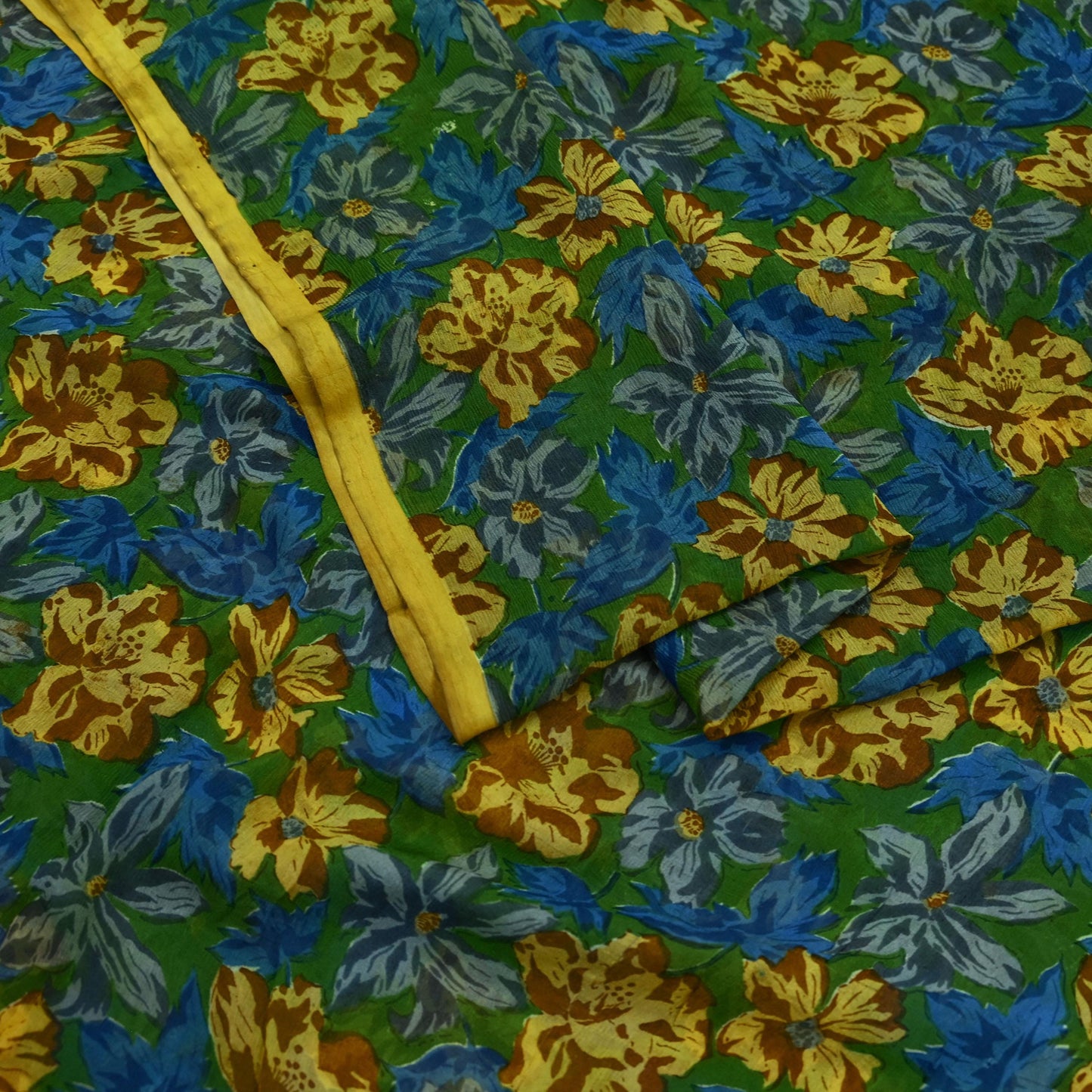 Indian Vintage Sari Green Pure Chiffon Silk Printed Sarees 5Yd Craft Fabric Sewing Soft Light Sari Dress Making Floral Quilting Crafting
