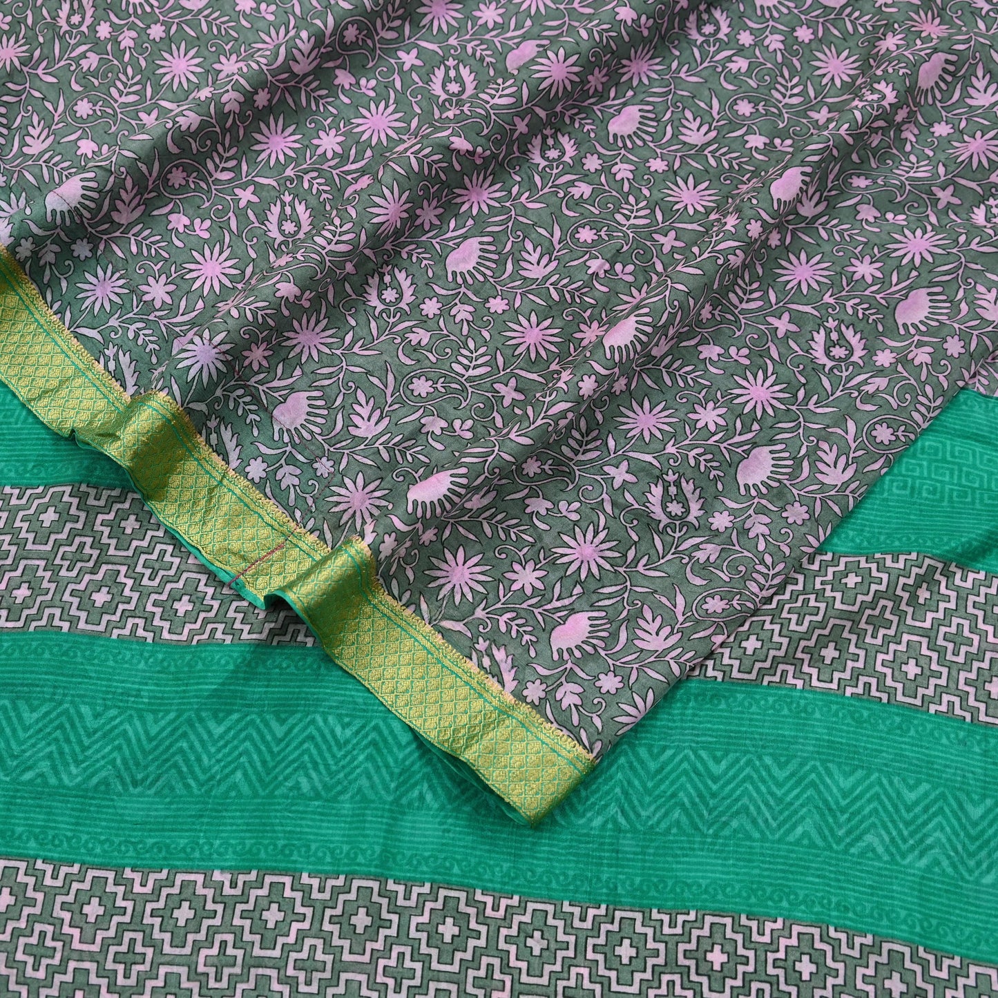 Indian Vintage Sari Gray & Pink 100% Pure Silk Printed Sarees Craft Fabric 5yd Sewing DressMaking Floral Crafting Quilting Upcycle