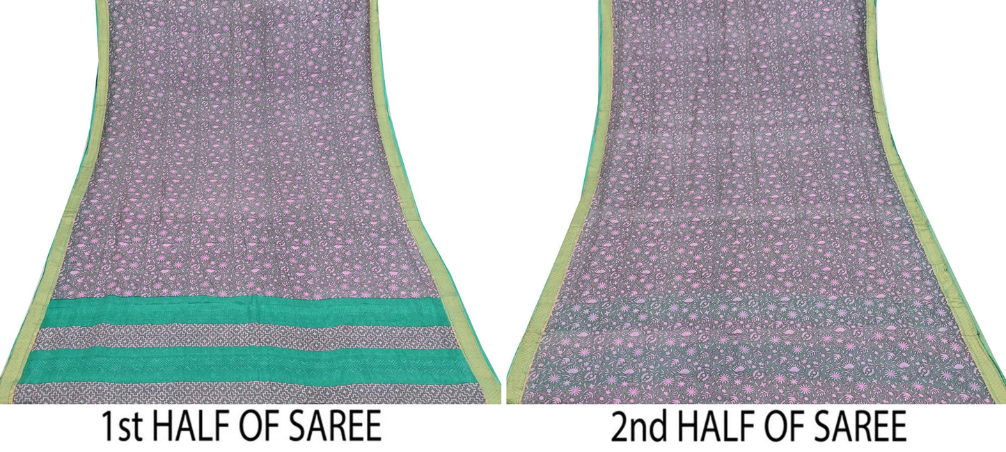 Indian Vintage Sari Gray & Pink 100% Pure Silk Printed Sarees Craft Fabric 5yd Sewing DressMaking Floral Crafting Quilting Upcycle