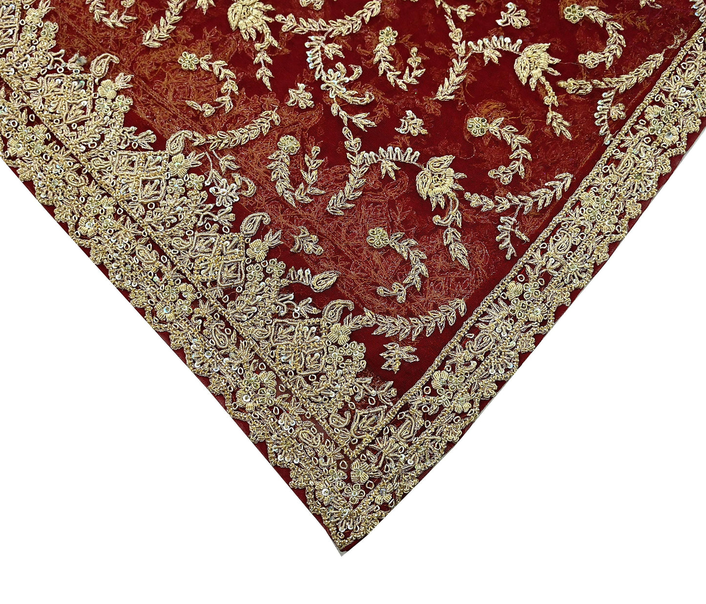 Indian Vintage Heavy Red Dupatta Net Mesh Long Stole Hand Embroidered Scarves Golden Zardozi Zari Sequins Stole