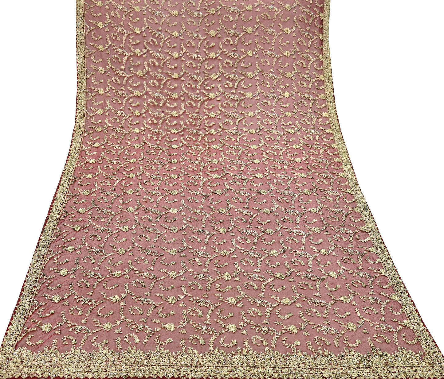 Indian Vintage Heavy Red Dupatta Net Mesh Long Stole Hand Embroidered Scarves Golden Zardozi Zari Sequins Stole