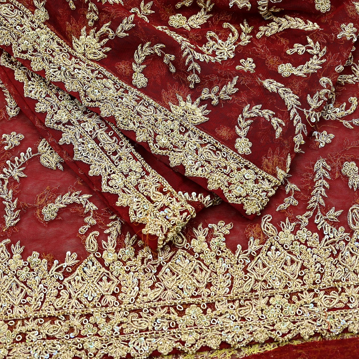 Indian Vintage Heavy Red Dupatta Net Mesh Long Stole Hand Embroidered Scarves Golden Zardozi Zari Sequins Stole
