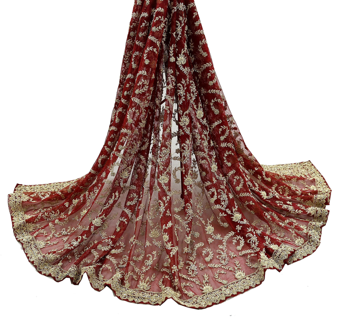 Indian Vintage Heavy Red Dupatta Net Mesh Long Stole Hand Embroidered Scarves Golden Zardozi Zari Sequins Stole