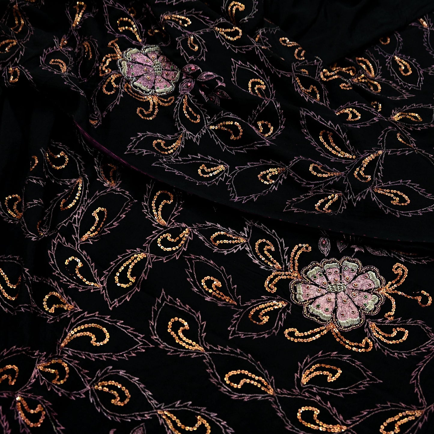 Indian Antique Vintage Heavy Sari Black Pure Silk Hand Embroidered Sarees Craft Fabric 5Yd Sewing Soft Zardozi/Dabka Sequins