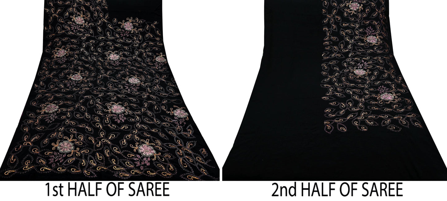 Indian Antique Vintage Heavy Sari Black Pure Silk Hand Embroidered Sarees Craft Fabric 5Yd Sewing Soft Zardozi/Dabka Sequins