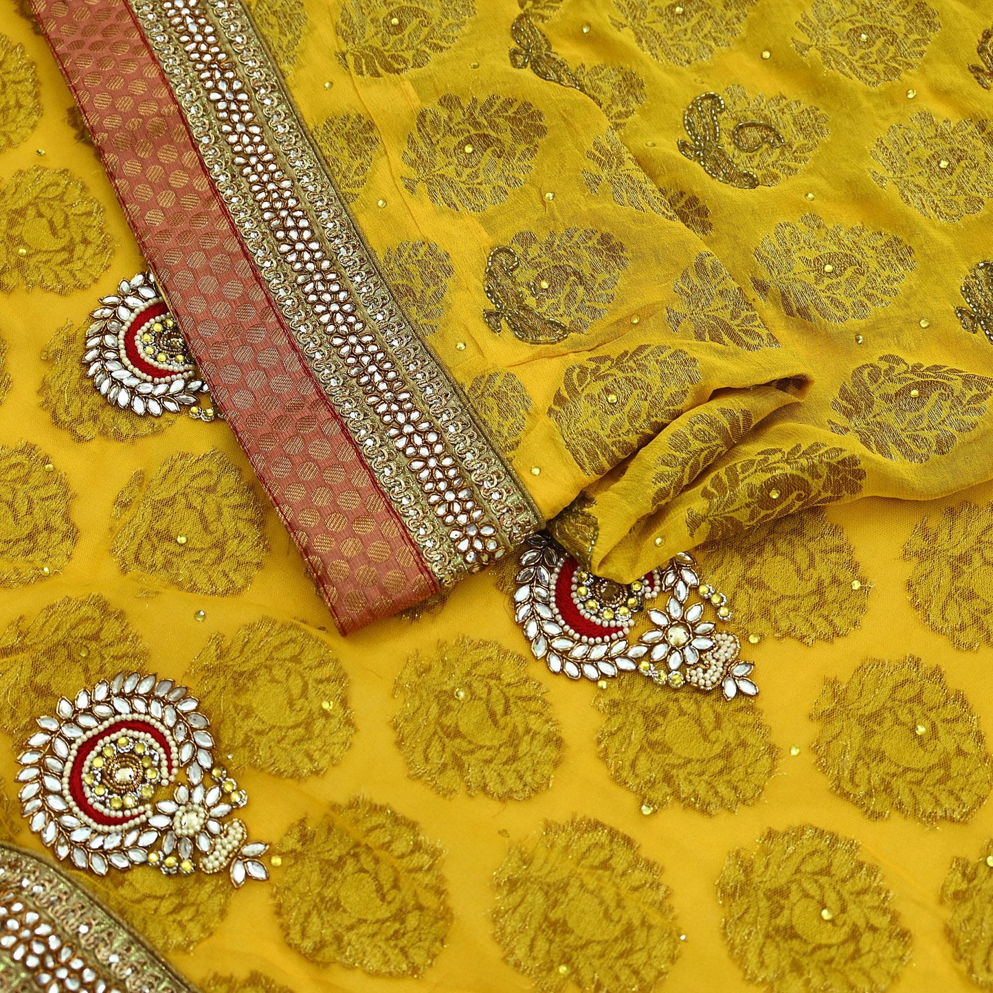 Indian Vintage Heavy Yellow Saree Georgette & Net Hand Beaded Sari Fabric 6Yd Sewing Soft Ethnic Wedding Sarees With Blouse