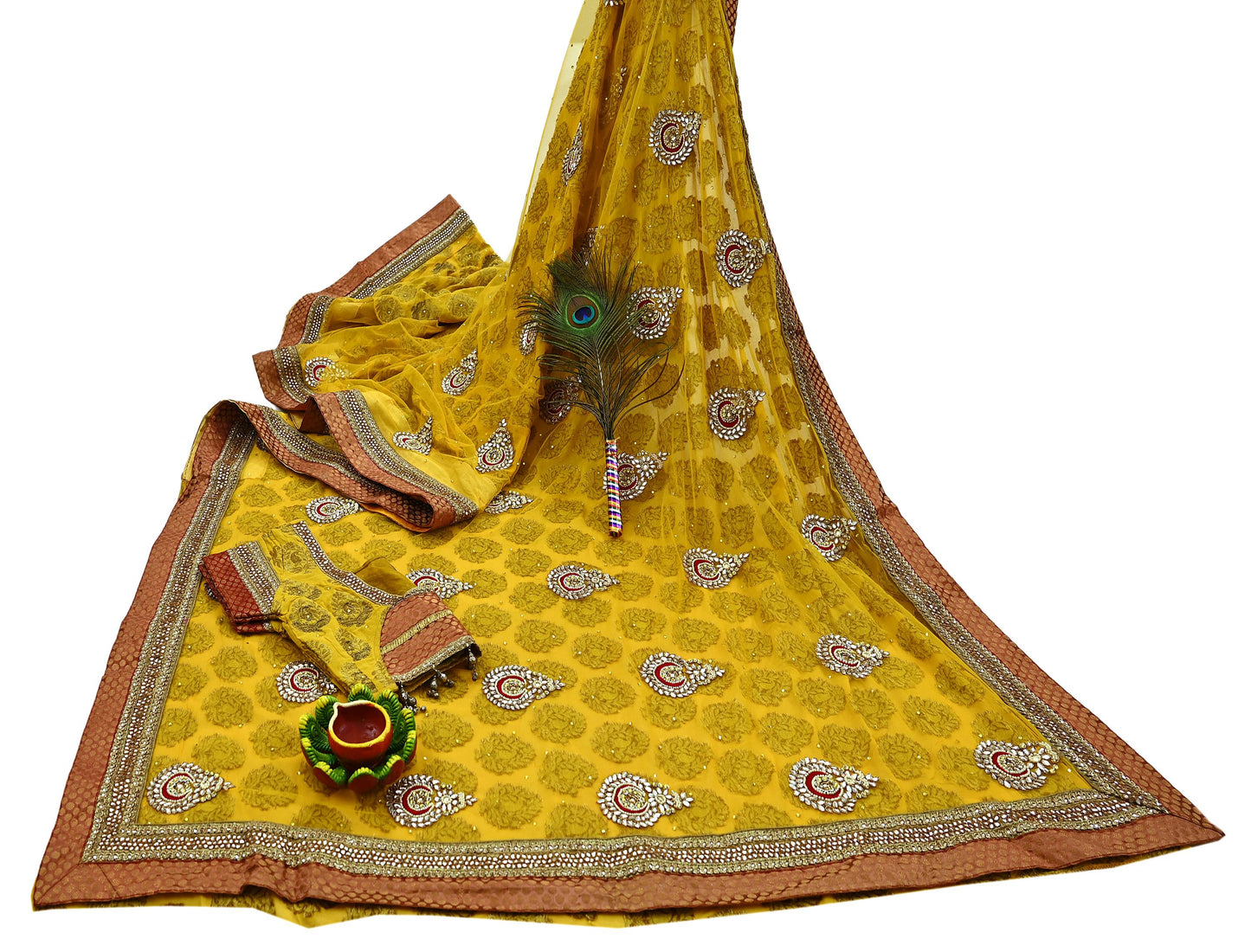Indian Vintage Heavy Yellow Saree Georgette & Net Hand Beaded Sari Fabric 6Yd Sewing Soft Ethnic Wedding Sarees With Blouse
