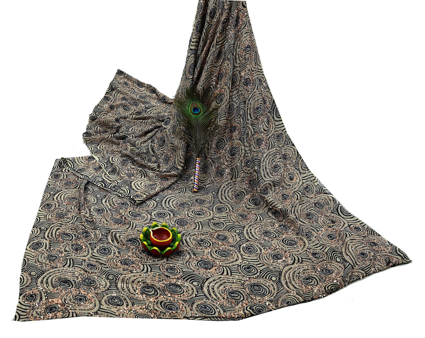 Indian Vintage Heavy Sari Beige Pure Georgette Silk Hand Beaded Sarees Craft Fabric 5Yd Sewing Soft Ethnic Wedding Sarees Dress making