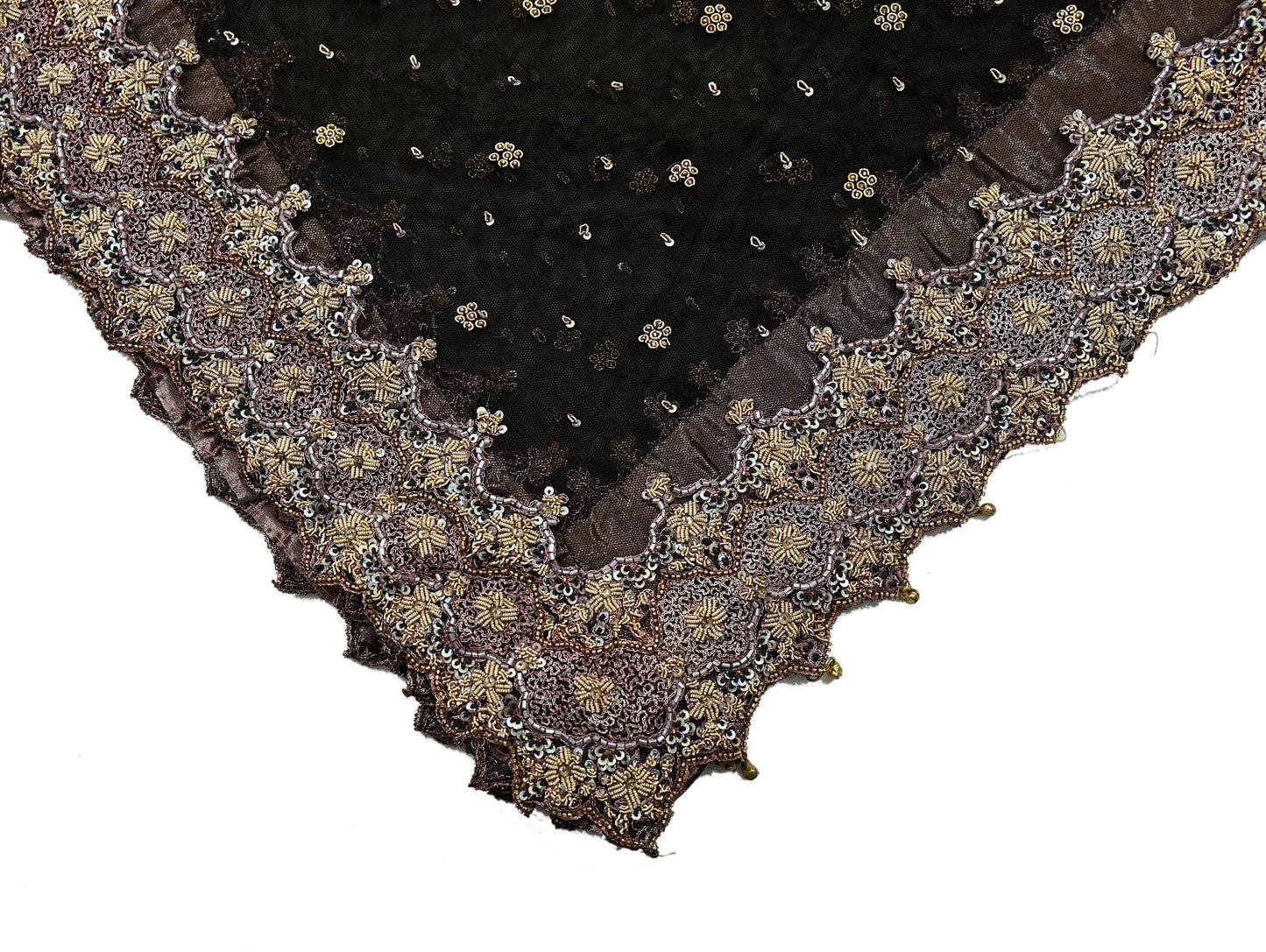 Indian Vintage Heavy Coffee Brown Dupatta Net Mesh Long Stole Hand Embroidered Scarves Golden Zardozi Dabka Zari Sequins