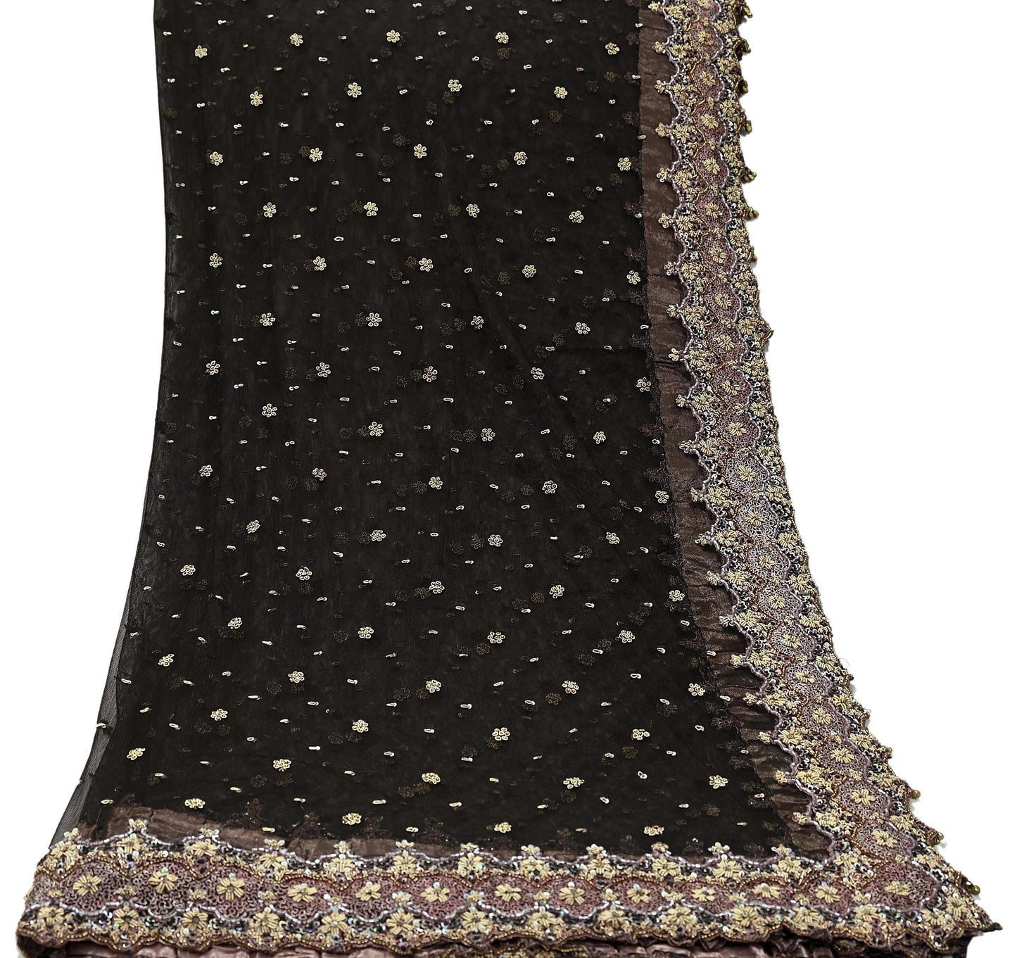 Indian Vintage Heavy Coffee Brown Dupatta Net Mesh Long Stole Hand Embroidered Scarves Golden Zardozi Dabka Zari Sequins