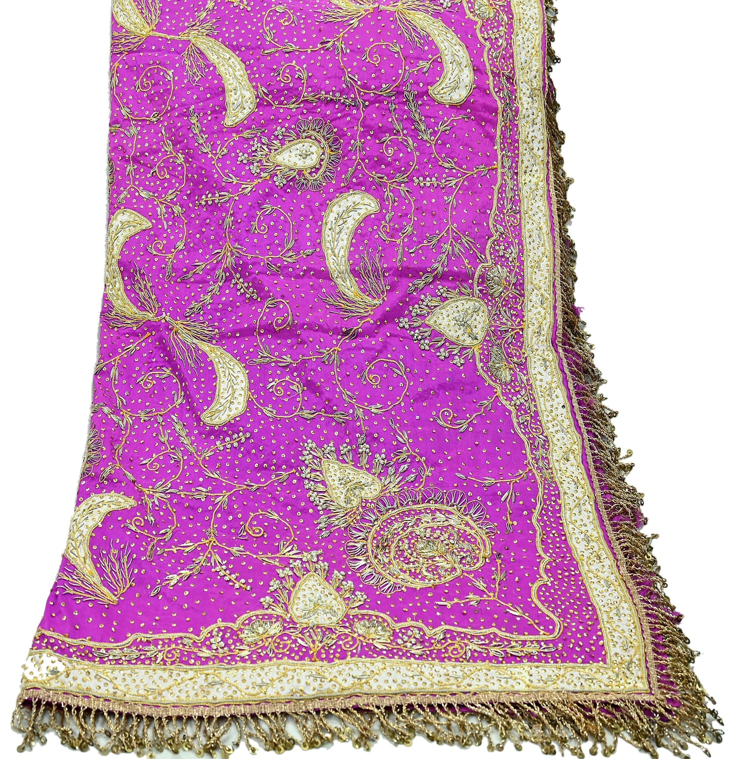 Indian Vintage Heavy Bridal Dupatta Purple Pure Silk Long Stole Hand Embroidered Hijab Scarf Zardozi/Dabka Zari Wedding Dupatta