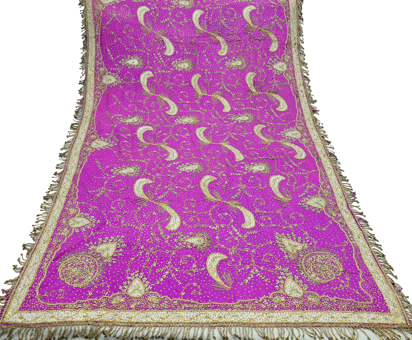 Indian Vintage Heavy Bridal Dupatta Purple Pure Silk Long Stole Hand Embroidered Hijab Scarf Zardozi/Dabka Zari Wedding Dupatta