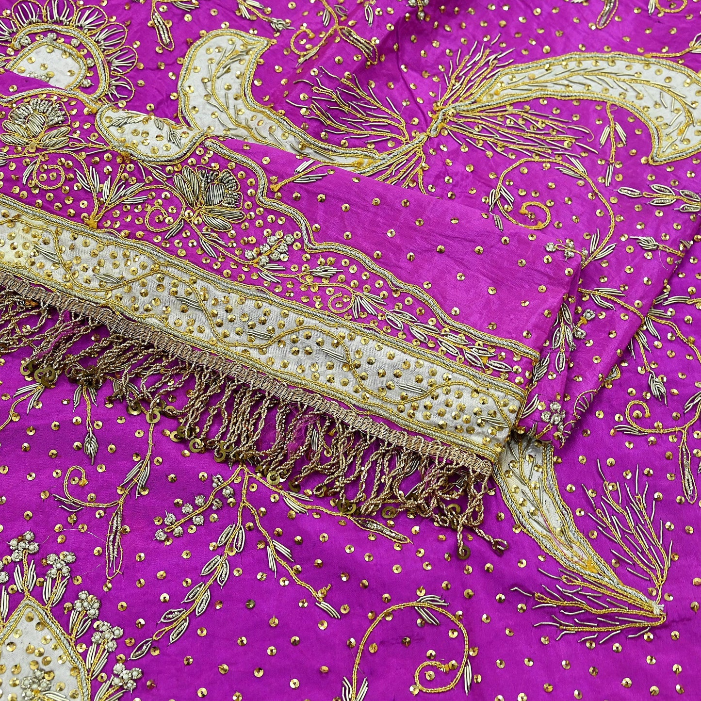 Indian Vintage Heavy Bridal Dupatta Purple Pure Silk Long Stole Hand Embroidered Hijab Scarf Zardozi/Dabka Zari Wedding Dupatta