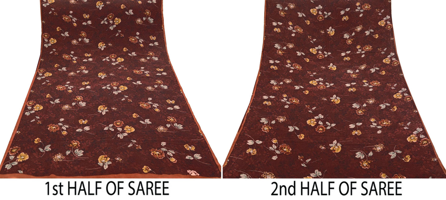 Indian Vintage Maroon Saree Pure Crepe Silk Printed Sari Craft Fabric 5yd Sewing Floral Soft Wrap Dress Making Crafting Quilting Upcycle