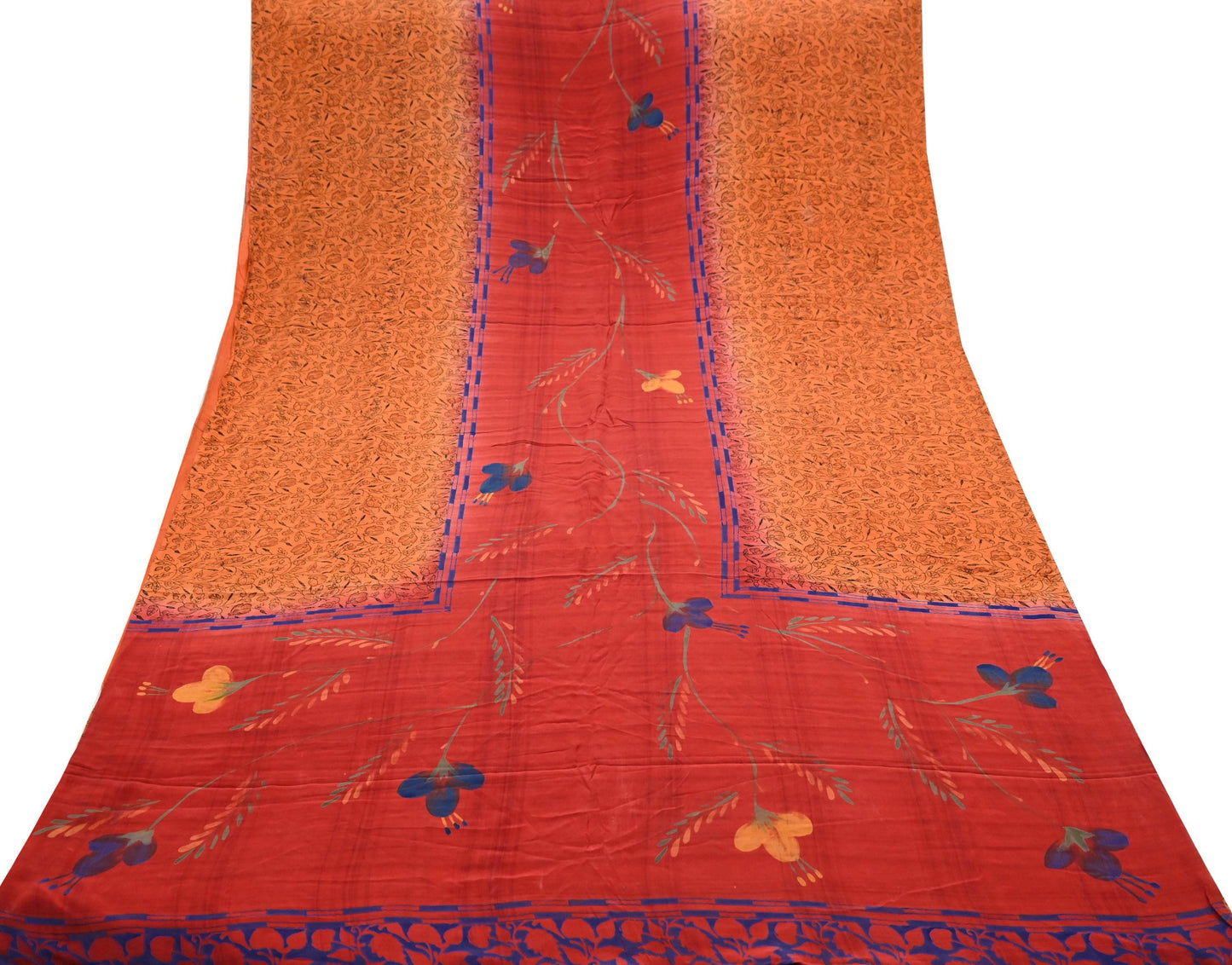 Indian Vintage Sari Orange & Red Pure Crepe Silk Printed Saree 5yd Sewing Floral Soft Craft Fabric Wrap Dress making Crafting Quilting