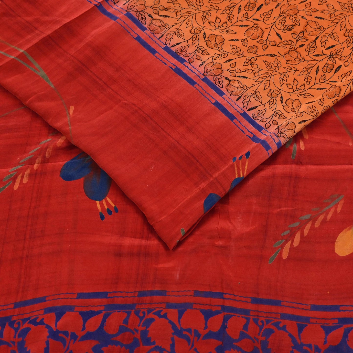 Indian Vintage Sari Orange & Red Pure Crepe Silk Printed Saree 5yd Sewing Floral Soft Craft Fabric Wrap Dress making Crafting Quilting