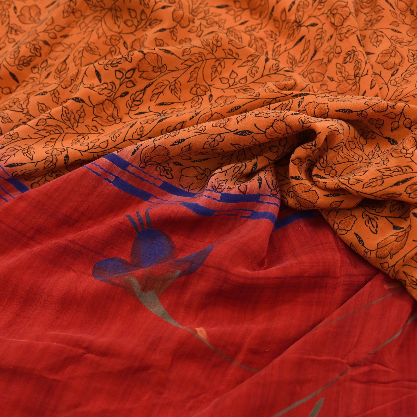 Indian Vintage Sari Orange & Red Pure Crepe Silk Printed Saree 5yd Sewing Floral Soft Craft Fabric Wrap Dress making Crafting Quilting