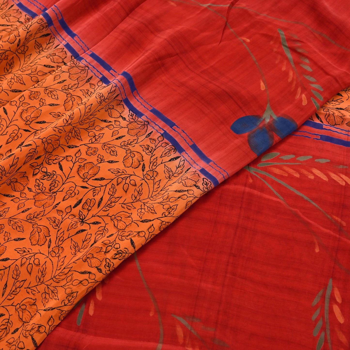 Indian Vintage Sari Orange & Red Pure Crepe Silk Printed Saree 5yd Sewing Floral Soft Craft Fabric Wrap Dress making Crafting Quilting
