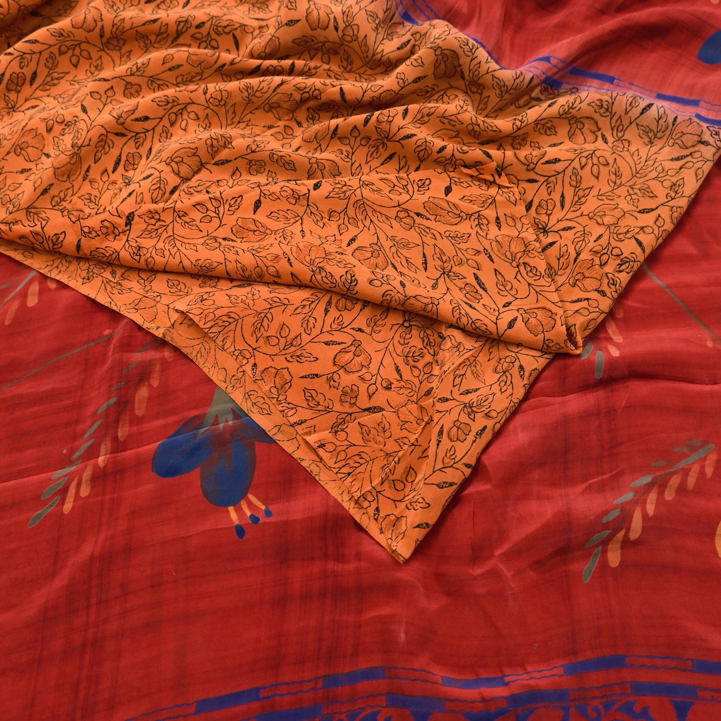 Indian Vintage Sari Orange & Red Pure Crepe Silk Printed Saree 5yd Sewing Floral Soft Craft Fabric Wrap Dress making Crafting Quilting