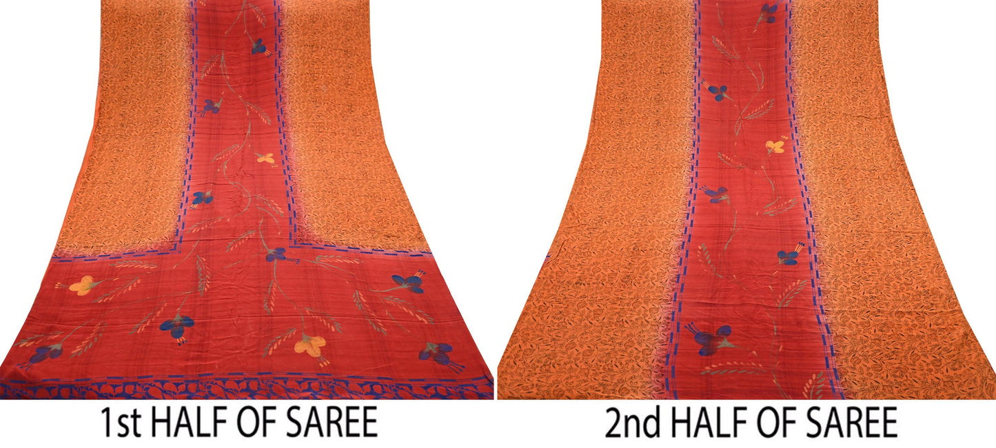 Indian Vintage Sari Orange & Red Pure Crepe Silk Printed Saree 5yd Sewing Floral Soft Craft Fabric Wrap Dress making Crafting Quilting