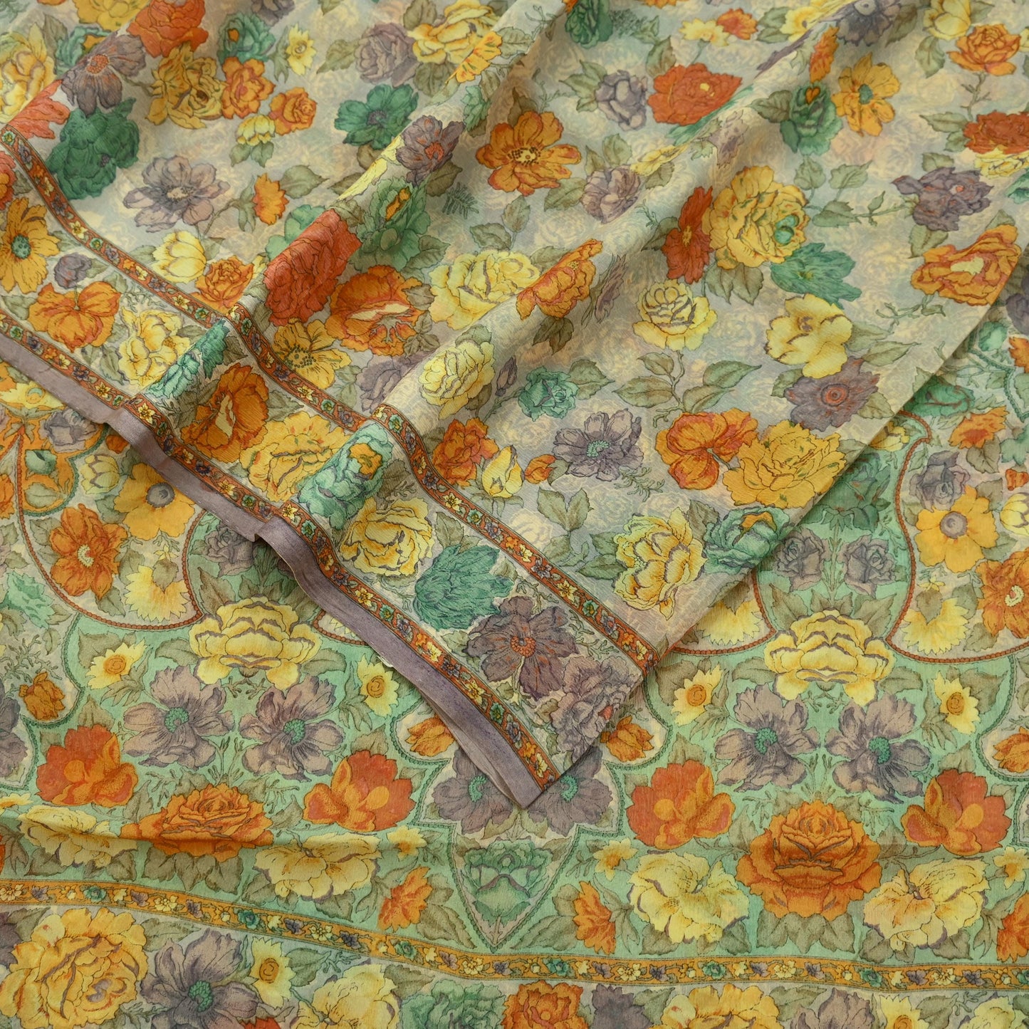 Women Vintage Sari Beige Pure Chiffon Silk Printed Sarees Craft Fabric Sewing 5Yd Soft Dress Making Floral Crafting Quilting Upcycle Used