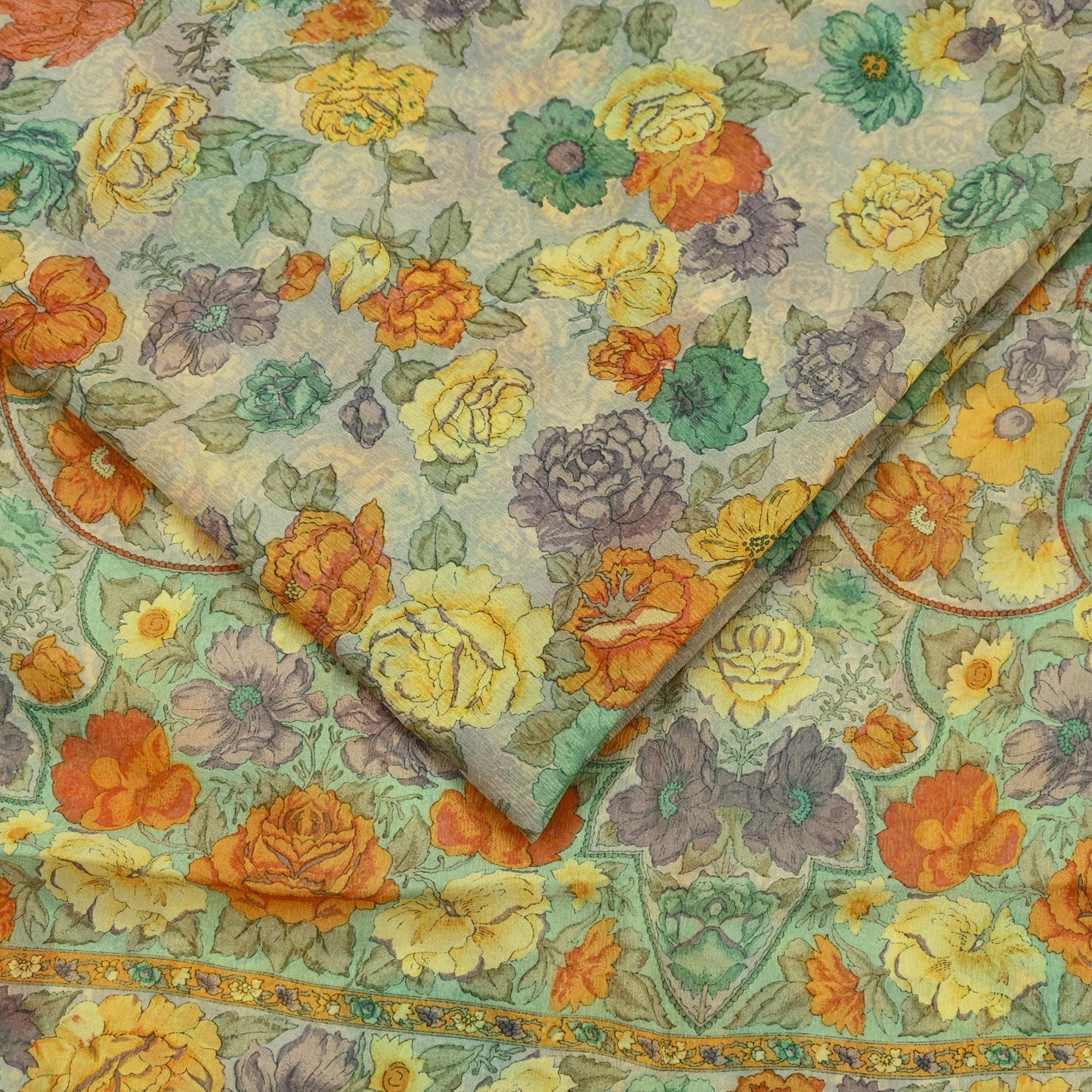 Women Vintage Sari Beige Pure Chiffon Silk Printed Sarees Craft Fabric Sewing 5Yd Soft Dress Making Floral Crafting Quilting Upcycle Used
