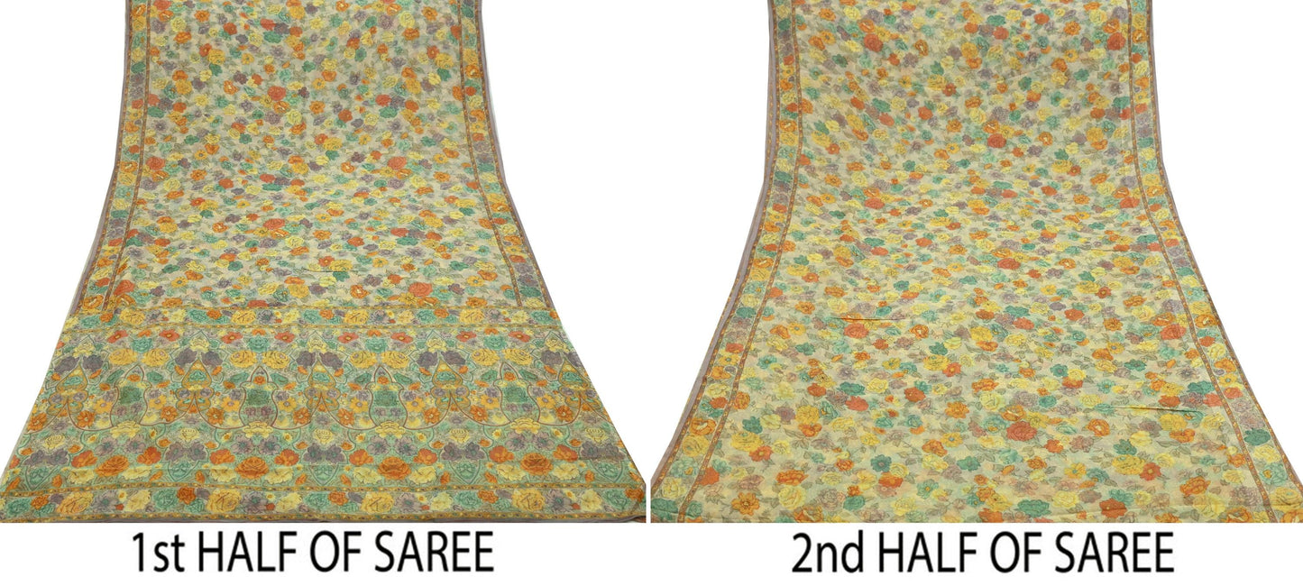 Women Vintage Sari Beige Pure Chiffon Silk Printed Sarees Craft Fabric Sewing 5Yd Soft Dress Making Floral Crafting Quilting Upcycle Used