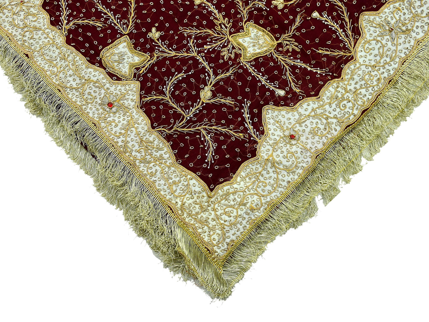 Indian Vintage Heavy Bridal Dupatta Maroon Pure Chiffon Silk Long Stole Hand Embroidered Hijab Scarf Zardozi/Dabka Zari Wedding Dupatta