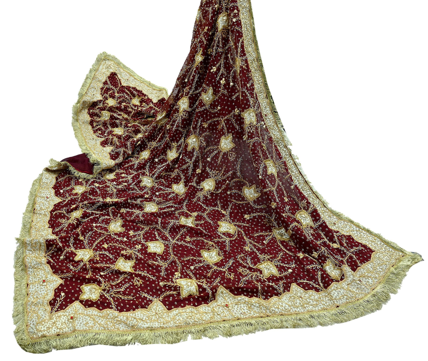 Indian Vintage Heavy Bridal Dupatta Maroon Pure Chiffon Silk Long Stole Hand Embroidered Hijab Scarf Zardozi/Dabka Zari Wedding Dupatta