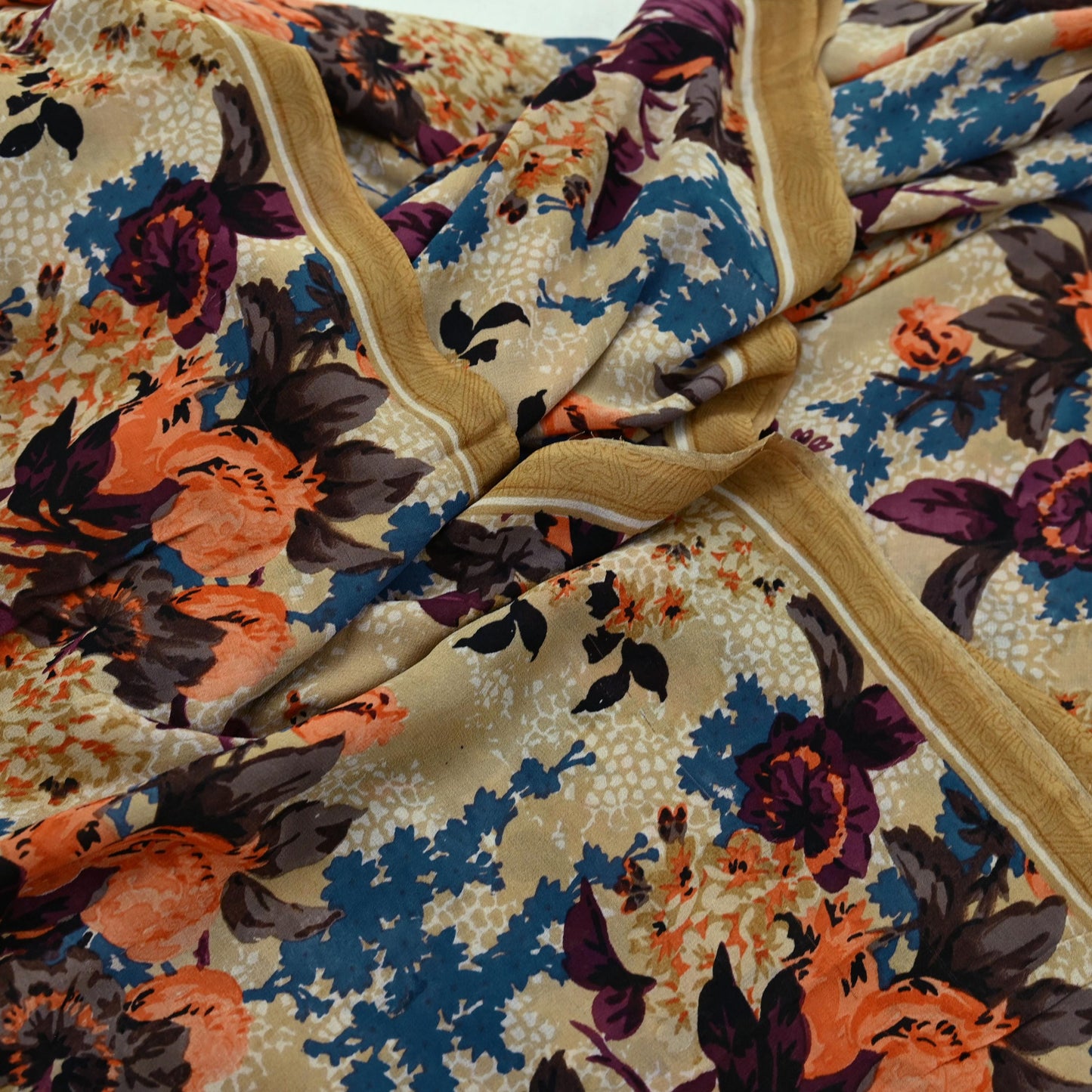 Indian Vintage Sari Beige Pure Georgette Silk Printed Sarees 5Yd Craft Fabric Sewing Quilting Dress making Crafting Quilting Upcycle