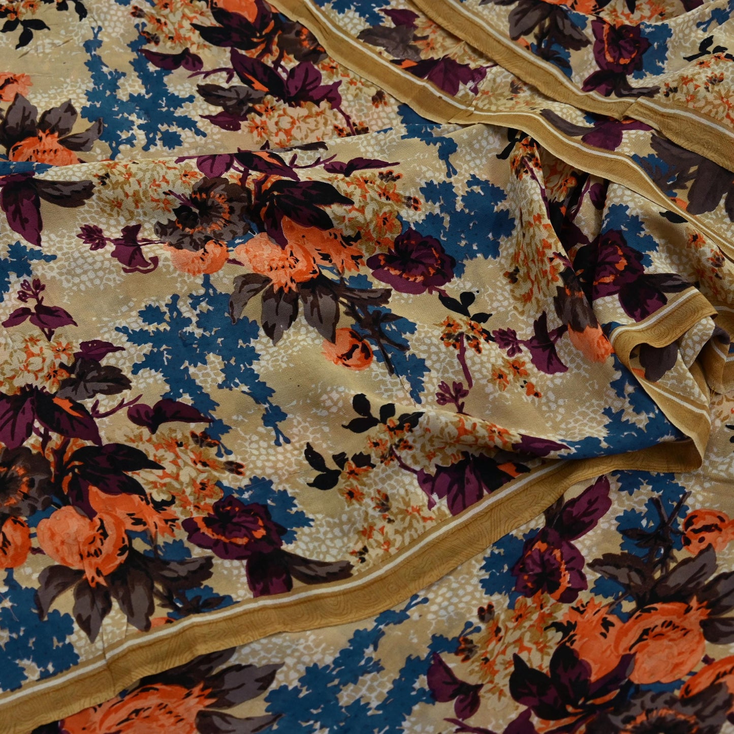 Indian Vintage Sari Beige Pure Georgette Silk Printed Sarees 5Yd Craft Fabric Sewing Quilting Dress making Crafting Quilting Upcycle