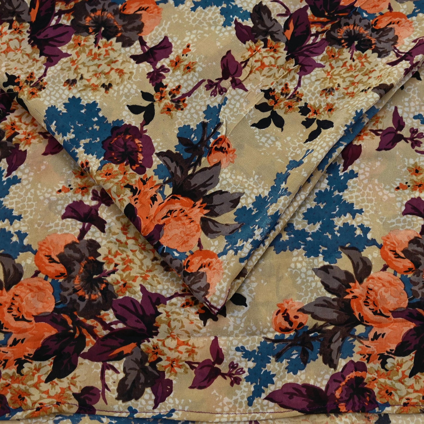 Indian Vintage Sari Beige Pure Georgette Silk Printed Sarees 5Yd Craft Fabric Sewing Quilting Dress making Crafting Quilting Upcycle