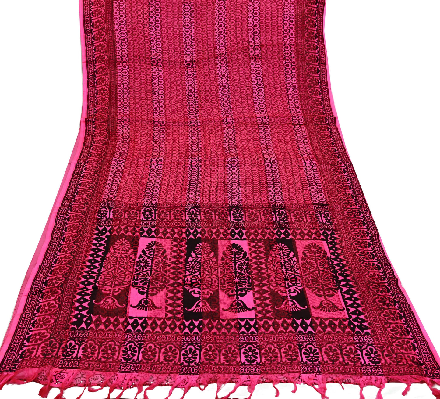 Indian Vintage Black & Pink Saree 100% Pure Silk Printed Sari 5yd Sewing Craft Fabric DressMaking Soft Fringes Crafting Quilting Upcycle