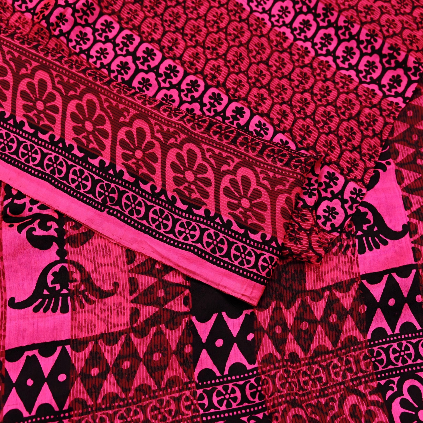 Indian Vintage Black & Pink Saree 100% Pure Silk Printed Sari 5yd Sewing Craft Fabric DressMaking Soft Fringes Crafting Quilting Upcycle