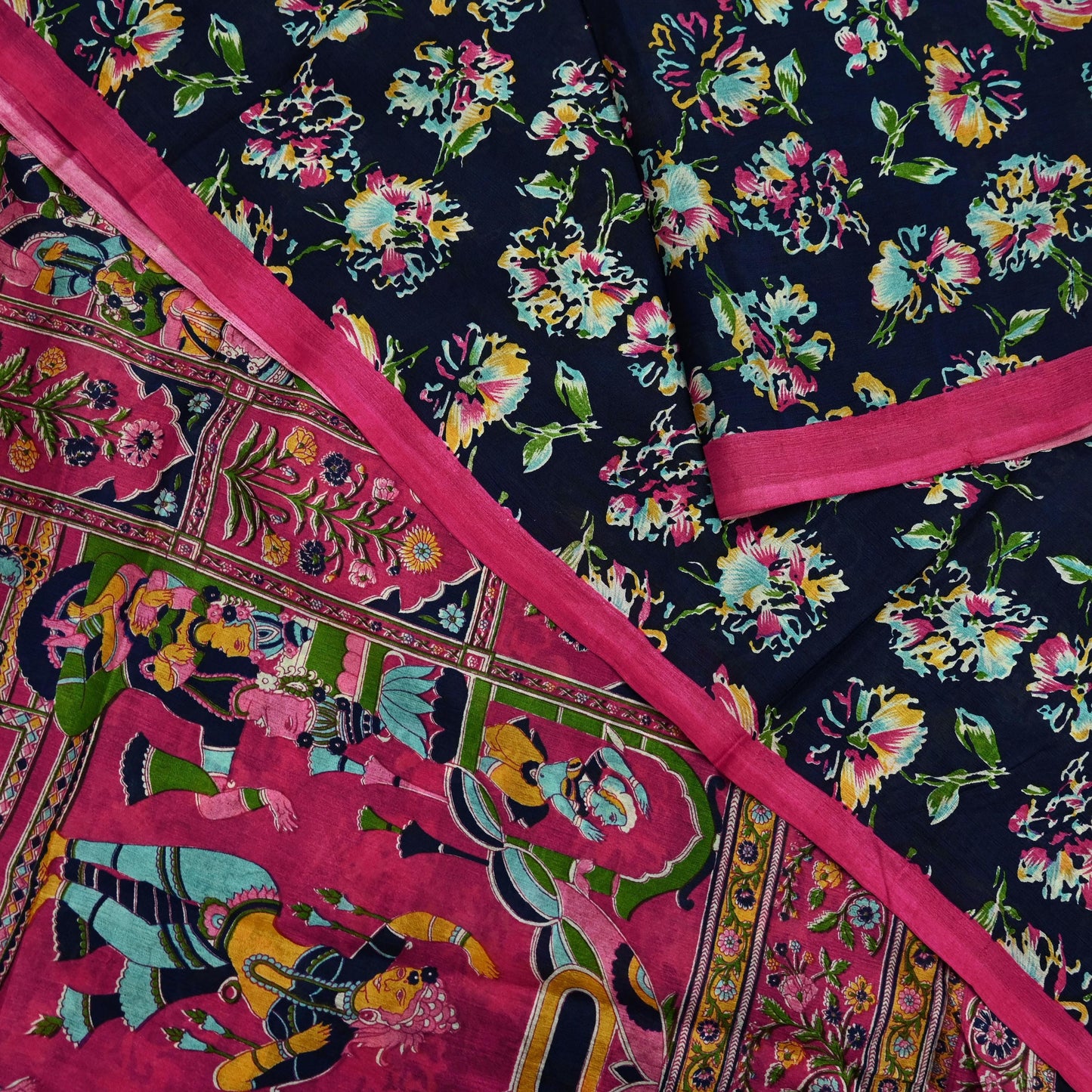 Indian Vintage Pink & Blue Saree 100% Pure Silk Printed Sari Fabric 6yd Sewing Craft DressMaking Soft Floral Quilting Crafting Upcycle