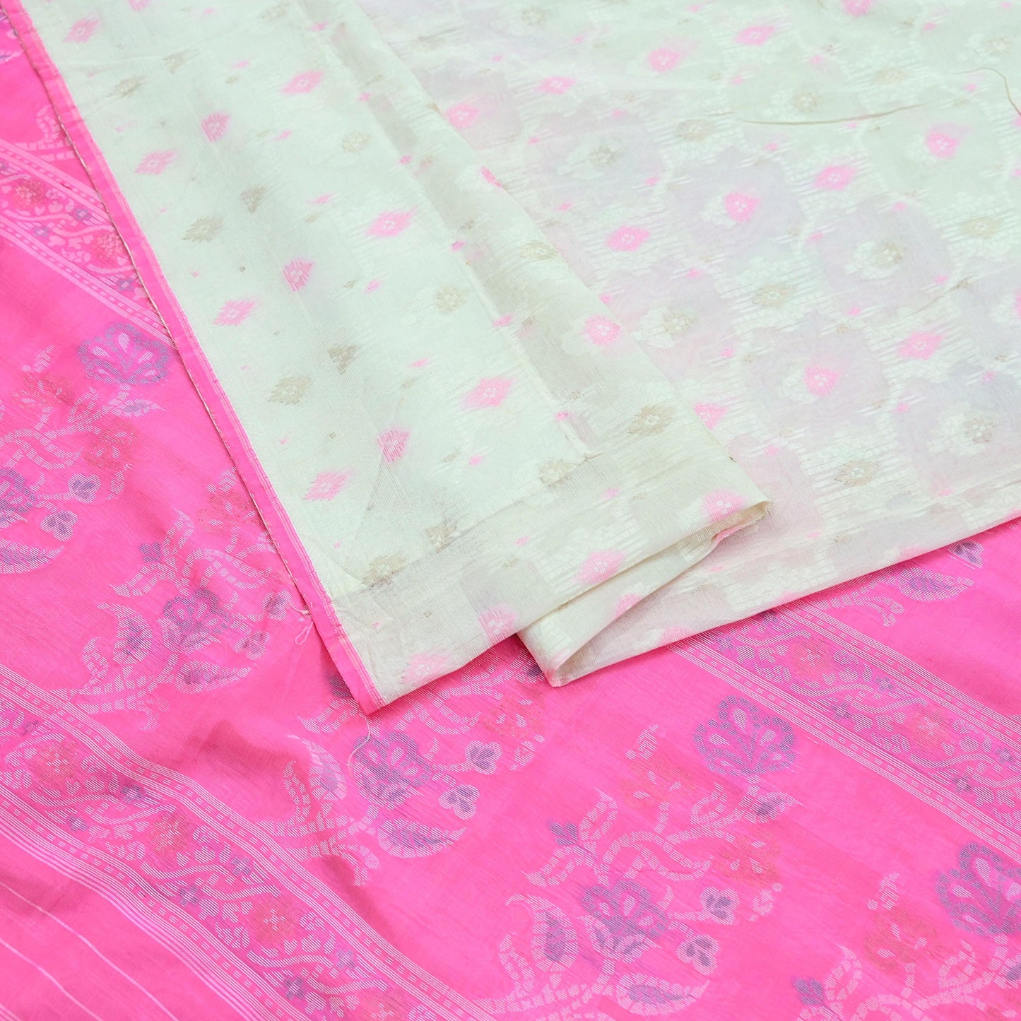 Indian Vintage Sari Ivory & Pink 100% Pure Silk Hand Woven Sarees Craft Fabric 5Yd Ethnic Sewing Dress making Crafting Quilting Upcycle