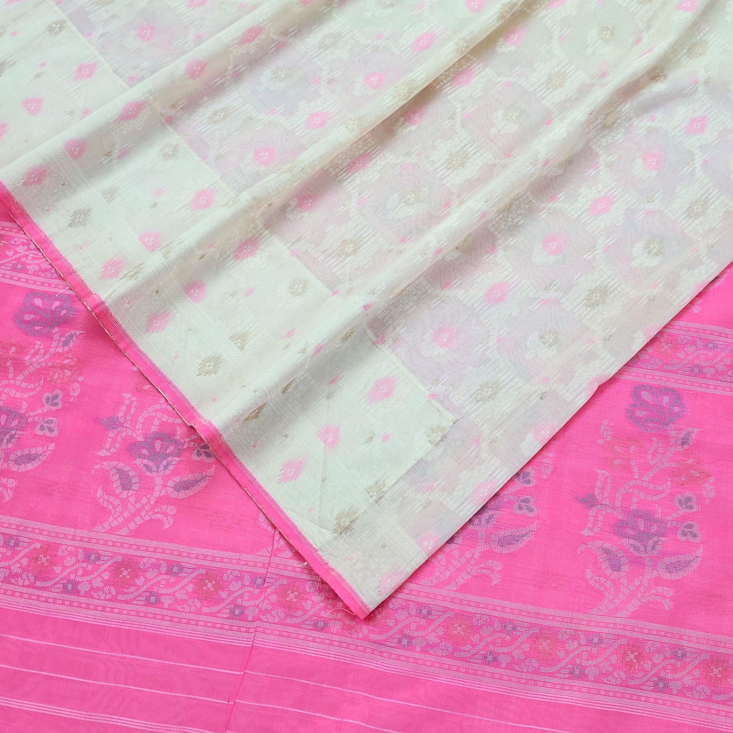 Indian Vintage Sari Ivory & Pink 100% Pure Silk Hand Woven Sarees Craft Fabric 5Yd Ethnic Sewing Dress making Crafting Quilting Upcycle